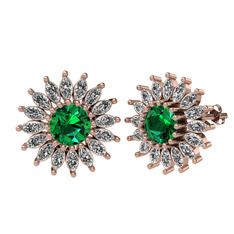 Taşlı Papatya Küpe - Yeşil kuvars ve beyaz zirkon 14 ayar rose altın küpe #2686eu