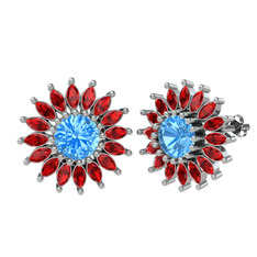 Taşlı Papatya Küpe - Akuamarin ve garnet 925 ayar gümüş küpe #2sdga3