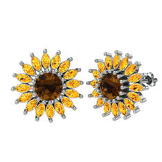 Taşlı Papatya Küpe - Dumanlı kuvars ve sitrin 14 ayar beyaz altın küpe #2z2l2q