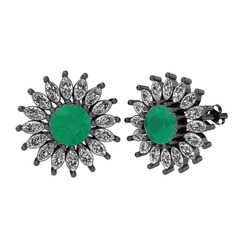 Taşlı Papatya Küpe - Kök zümrüt ve swarovski 925 ayar siyah rodyum kaplama gümüş küpe #3us03m