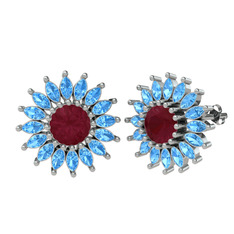 Kök yakut ve akuamarin 18 ayar beyaz altın küpe