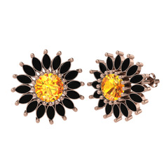 Taşlı Papatya Küpe - Sitrin ve siyah zirkon 925 ayar rose altın kaplama gümüş küpe #44vpon