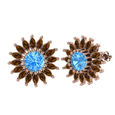 Taşlı Papatya Küpe - Akuamarin ve dumanlı kuvars 14 ayar rose altın küpe #4slm5t