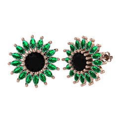 Taşlı Papatya Küpe - Siyah zirkon ve yeşil kuvars 14 ayar rose altın küpe #5bkxzj