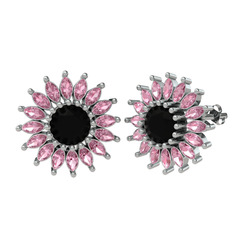 Taşlı Papatya Küpe - Siyah zirkon ve pembe kuvars 8 ayar beyaz altın küpe #60sp67