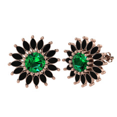 Taşlı Papatya Küpe - Yeşil kuvars ve siyah zirkon 14 ayar rose altın küpe #6ad7nz