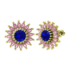 Taşlı Papatya Küpe - Lab safir ve pembe kuvars 8 ayar altın küpe #6g9q0p