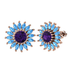 Taşlı Papatya Küpe - Ametist ve akuamarin 14 ayar rose altın küpe #6zudon