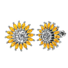 Taşlı Papatya Küpe - Swarovski ve sitrin 18 ayar beyaz altın küpe #7614m1