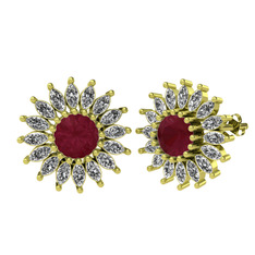 Taşlı Papatya Küpe - Kök yakut ve swarovski 8 ayar altın küpe #76mjw0