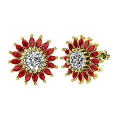 Taşlı Papatya Küpe - Swarovski ve garnet 18 ayar altın küpe #79dn40