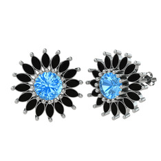 Taşlı Papatya Küpe - Akuamarin ve siyah zirkon 925 ayar gümüş küpe #7cyi0b