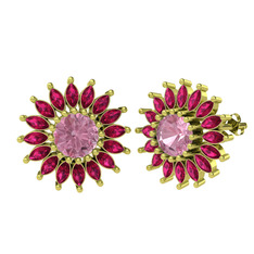 Taşlı Papatya Küpe - Pembe kuvars ve rodolit garnet 18 ayar altın küpe #7iy83