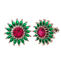 Taşlı Papatya Küpe - Rodolit garnet ve yeşil kuvars 18 ayar rose altın küpe #7kg46k