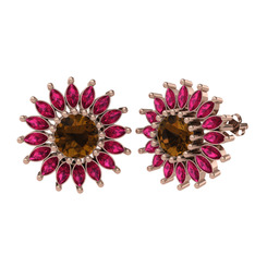 Taşlı Papatya Küpe - Dumanlı kuvars ve rodolit garnet 18 ayar rose altın küpe #7y9dua