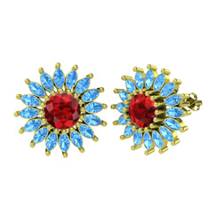 Taşlı Papatya Küpe - Garnet ve akuamarin 925 ayar altın kaplama gümüş küpe #8647y8