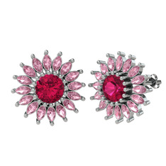 Rodolit garnet ve pembe kuvars 14 ayar beyaz altın küpe