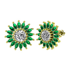 Taşlı Papatya Küpe - Beyaz zirkon ve yeşil kuvars 8 ayar altın küpe #8j2pod