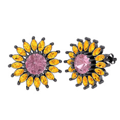 Taşlı Papatya Küpe - Pembe kuvars ve sitrin 925 ayar siyah rodyum kaplama gümüş küpe #8ynpvk