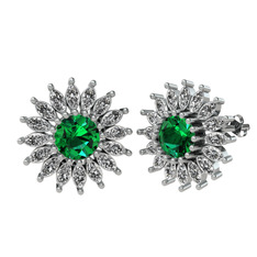 Taşlı Papatya Küpe - Yeşil kuvars ve swarovski 8 ayar beyaz altın küpe #a6dj8d