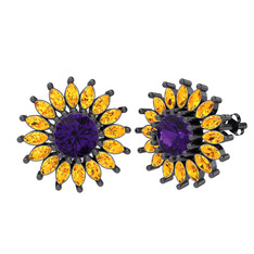 Taşlı Papatya Küpe - Ametist ve sitrin 925 ayar siyah rodyum kaplama gümüş küpe #b67ltp