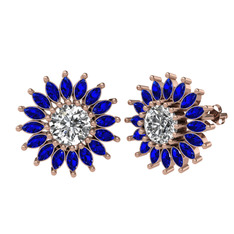 Taşlı Papatya Küpe - Swarovski ve lab safir 14 ayar rose altın küpe #bfegy3