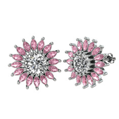 Taşlı Papatya Küpe - Beyaz zirkon ve pembe kuvars 8 ayar beyaz altın küpe #blu1rb