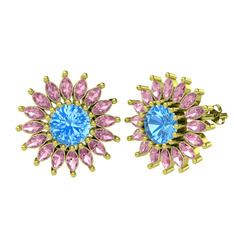 Taşlı Papatya Küpe - Akuamarin ve pembe kuvars 925 ayar altın kaplama gümüş küpe #bxh4hl