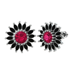 Taşlı Papatya Küpe - Rodolit garnet ve siyah zirkon 8 ayar beyaz altın küpe #cnx1jy