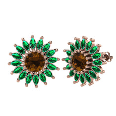 Taşlı Papatya Küpe - Dumanlı kuvars ve yeşil kuvars 18 ayar rose altın küpe #d3b7q1