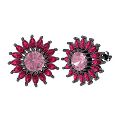 Taşlı Papatya Küpe - Pembe kuvars ve rodolit garnet 925 ayar siyah rodyum kaplama gümüş küpe #dnblx5
