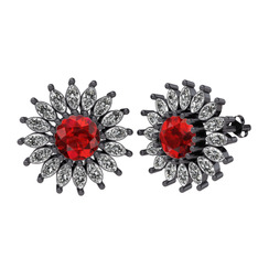 Taşlı Papatya Küpe - Garnet ve swarovski 925 ayar siyah rodyum kaplama gümüş küpe #dyxnsp