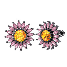 Taşlı Papatya Küpe - Sitrin ve pembe kuvars 925 ayar siyah rodyum kaplama gümüş küpe #fazyym