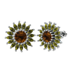 Taşlı Papatya Küpe - Dumanlı kuvars ve peridot 8 ayar beyaz altın küpe #gfid5l