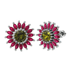 Taşlı Papatya Küpe - Peridot ve rodolit garnet 18 ayar beyaz altın küpe #guvyfp