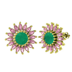 Taşlı Papatya Küpe - Kök zümrüt ve pembe kuvars 14 ayar altın küpe #hbdge0