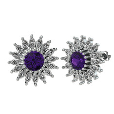 Taşlı Papatya Küpe - Ametist ve swarovski 18 ayar beyaz altın küpe #hnv311