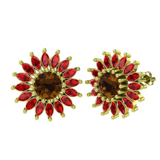 Taşlı Papatya Küpe - Dumanlı kuvars ve garnet 8 ayar altın küpe #hpttoo