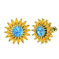 Taşlı Papatya Küpe - Akuamarin ve sitrin 14 ayar altın küpe #ia0698