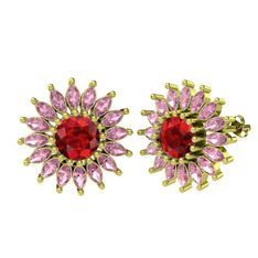 Taşlı Papatya Küpe - Garnet ve pembe kuvars 14 ayar altın küpe #ibfnn
