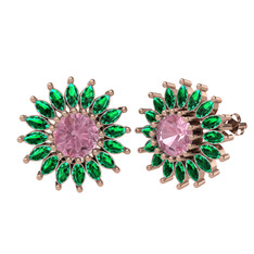 Taşlı Papatya Küpe - Pembe kuvars ve yeşil kuvars 14 ayar rose altın küpe #ixqvha