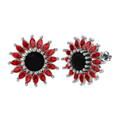 Taşlı Papatya Küpe - Siyah zirkon ve garnet 18 ayar beyaz altın küpe #j6y3le