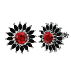 Taşlı Papatya Küpe - Garnet ve siyah zirkon 8 ayar beyaz altın küpe #jlum6f