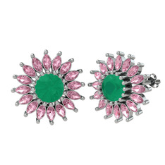 Taşlı Papatya Küpe - Kök zümrüt ve pembe kuvars 14 ayar beyaz altın küpe #kdiqi6