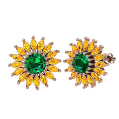 Taşlı Papatya Küpe - Yeşil kuvars ve sitrin 925 ayar rose altın kaplama gümüş küpe #kpape9