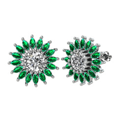 Taşlı Papatya Küpe - Swarovski ve yeşil kuvars 14 ayar beyaz altın küpe #kvuqck