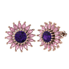 Taşlı Papatya Küpe - Ametist ve pembe kuvars 14 ayar rose altın küpe #lkkmsa