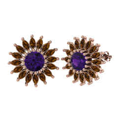 Taşlı Papatya Küpe - Ametist ve dumanlı kuvars 18 ayar rose altın küpe #lpo877