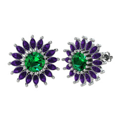 Taşlı Papatya Küpe - Yeşil kuvars ve ametist 8 ayar beyaz altın küpe #nss7m3