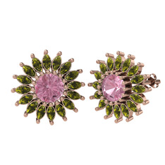 Taşlı Papatya Küpe - Pembe kuvars ve peridot 18 ayar rose altın küpe #o73myv